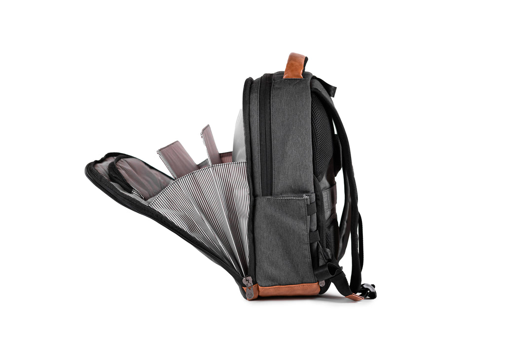 PKG Durham Commuter 17L recycled backpack (dark grey) side view open, showing accordion style file organization