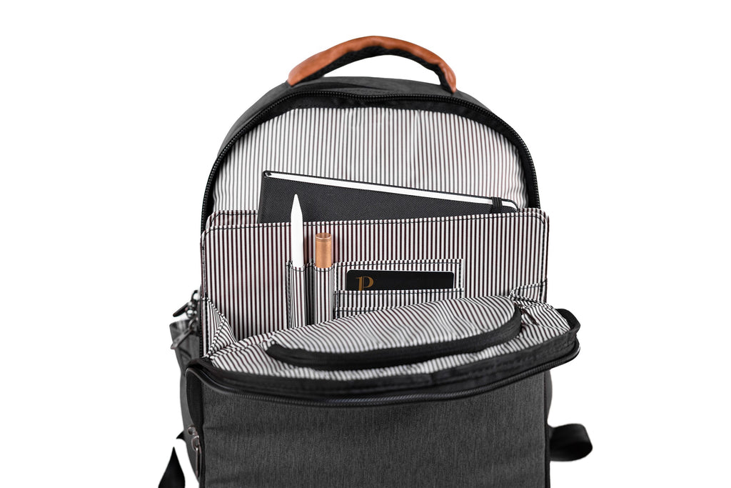 PKG Durham Commuter 17L recycled backpack (dark grey) front view open, showing office supplies organized