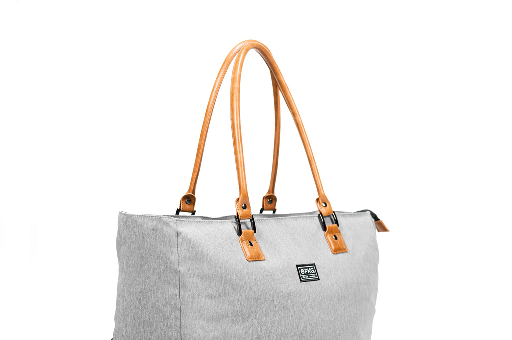 PKG Georgian 33L Recycled Tote Bag (light grey) showing reinforced faux leather handles