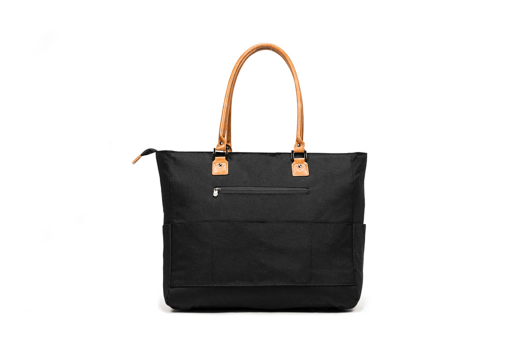 PKG Georgian 33L Recycled Tote Bag (black) front view showing trolley strap and external pocket