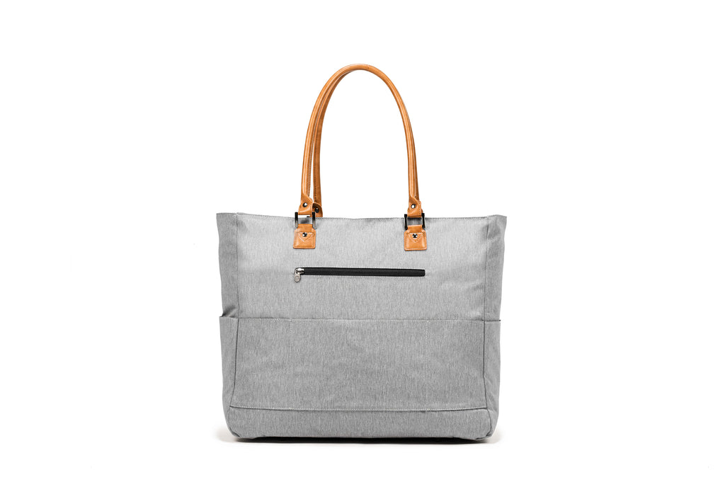 PKG Georgian 33L Recycled Tote Bag (light grey) front view showing trolley strap and external pocket
