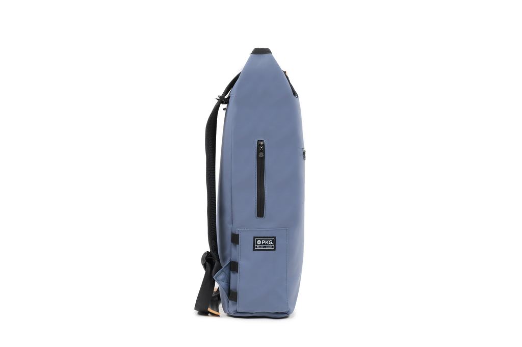 Liberty 23L recycled backpack (vintage blue) side view showing outer pocket for easy access to valuables and water bottle pocket