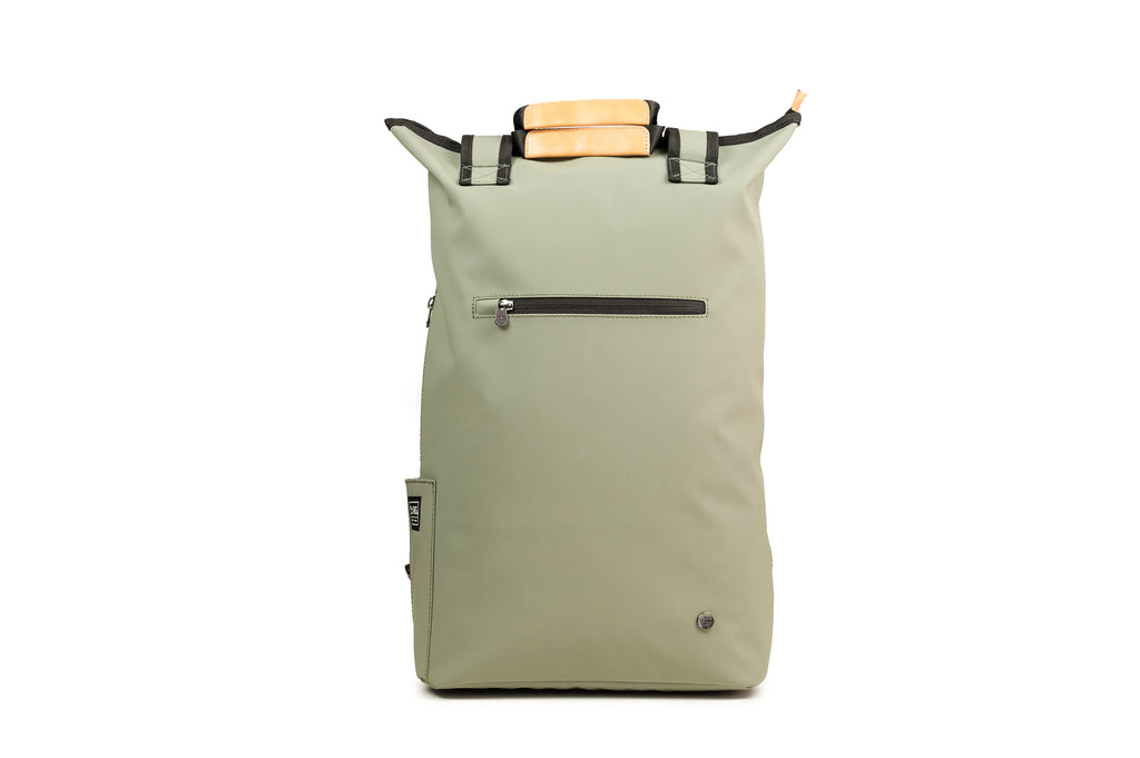 Liberty 23L recycled backpack (tranquil green) front view showing additional easy access storage for valuables
