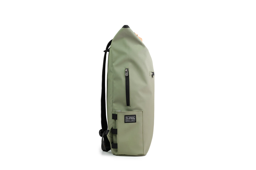 Liberty 23L recycled backpack (tranquil green) side view showing outer pocket for easy access to valuables and water bottle pocket