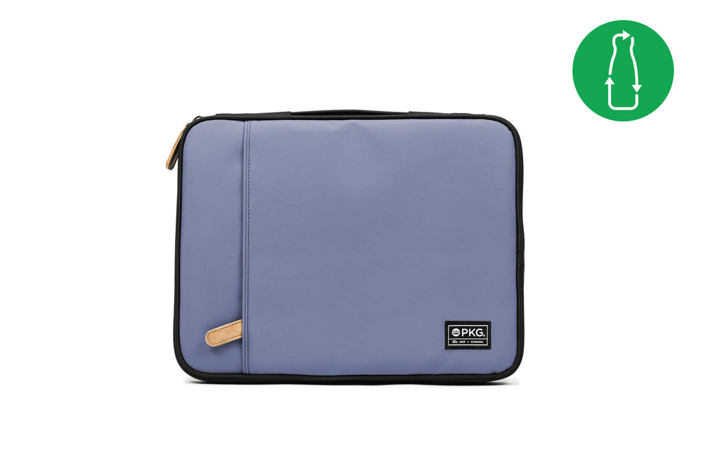 PKG Stuff Recycled Laptop Sleeve (vintage blue) front view showing outer pocket for additional storage