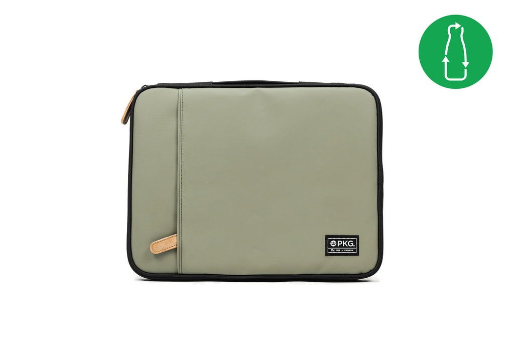 PKG Stuff Recycled Laptop Sleeve (tranquil green) front view showing outer pocket for additional storage