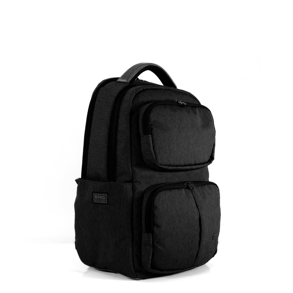 PKG Aurora recycled backpack (black), ideal for travel, school, or work