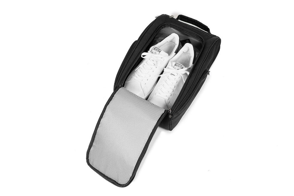 PKG Angus recycled shoe/footwear bag holding white shoes in main compartment