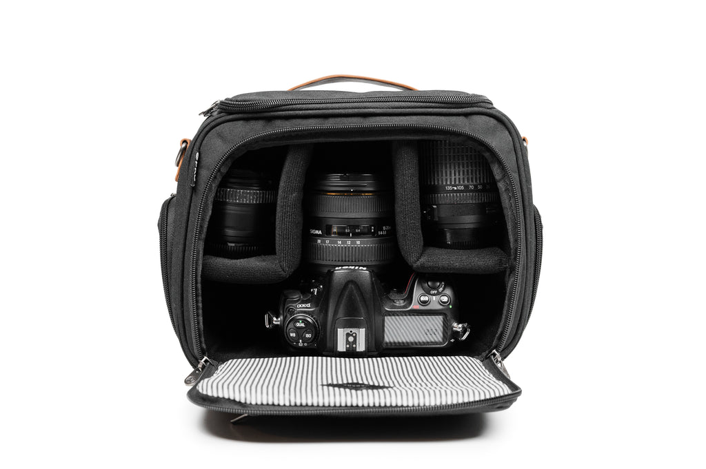 PKG Polson Camera | Tech Case front open, showing modular compartments for camera and accessories