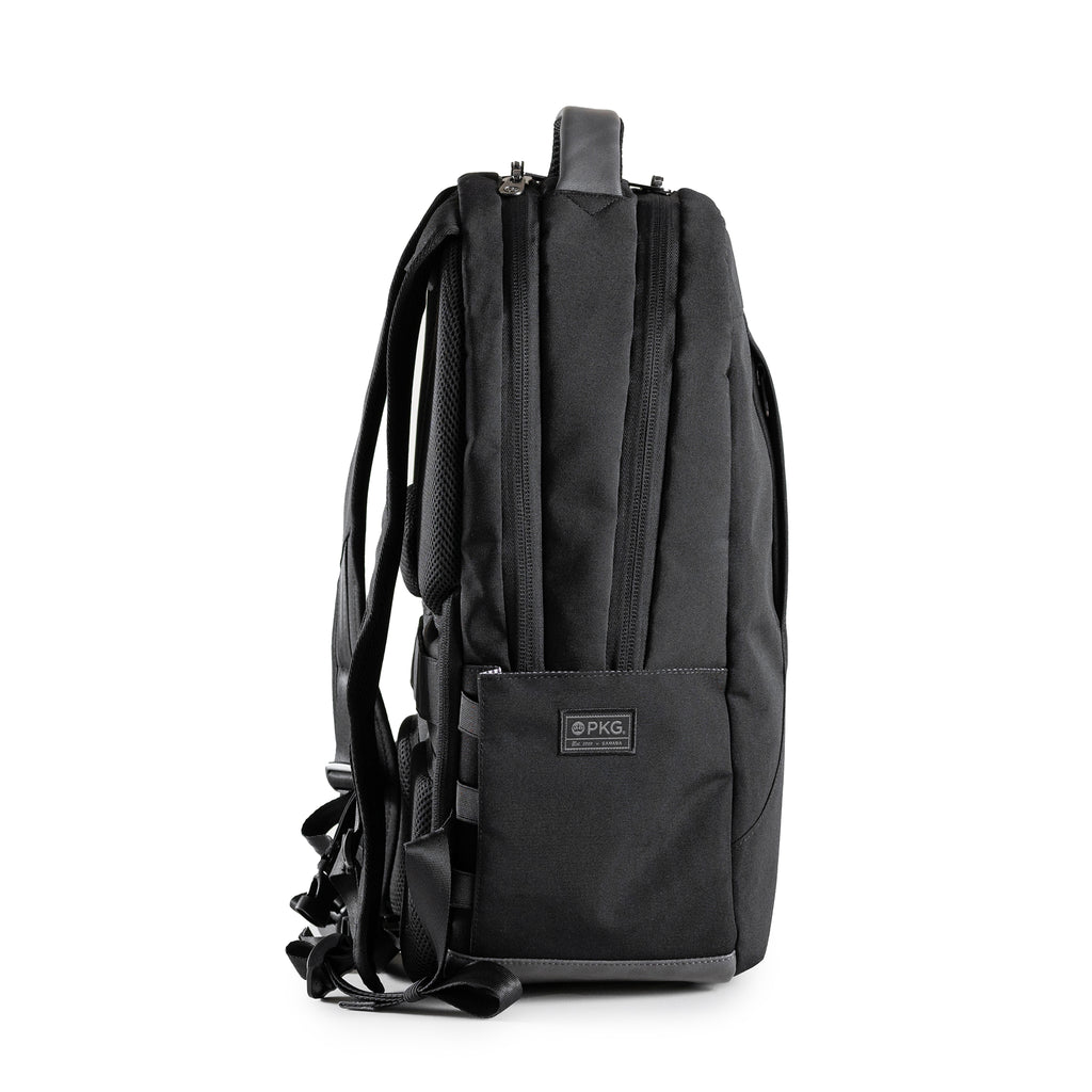 Durham Outpost recycled commuter backpack (black) side view showing water bottle pocket