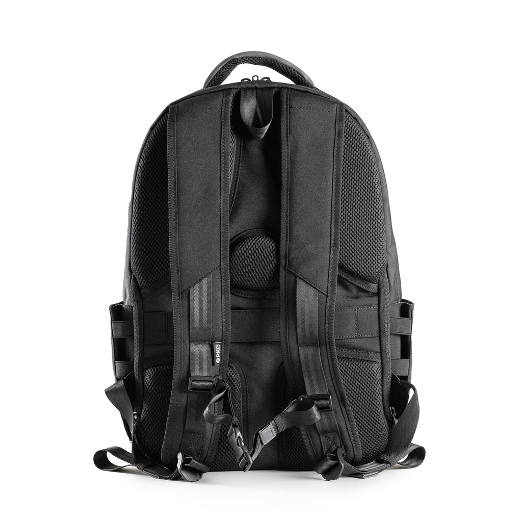 Durham Outpost recycled commuter backpack (navy) back view showing adjustable straps and breathable padding for comfort