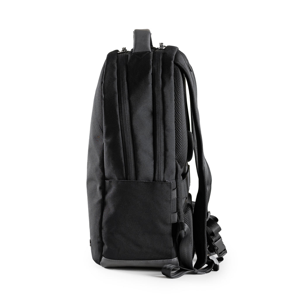 Durham Outpost recycled commuter backpack (black) side view showing water bottle pocket