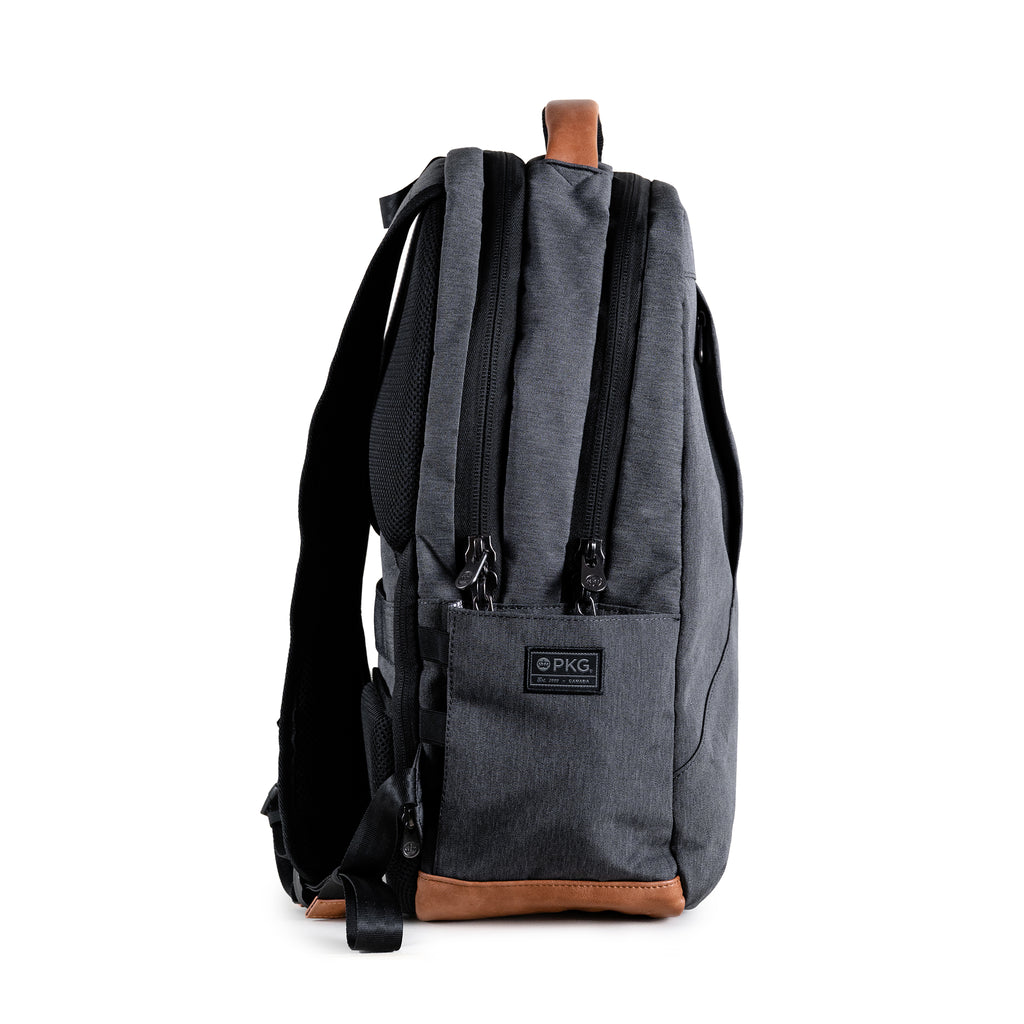 Durham Outpost recycled commuter backpack (dark grey) side view showing water bottle pocket