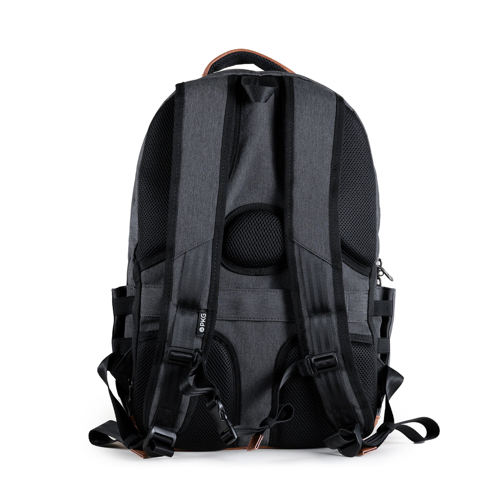 Durham Outpost recycled commuter backpack (dark grey) back view showing adjustable straps and breathable padding for comfort