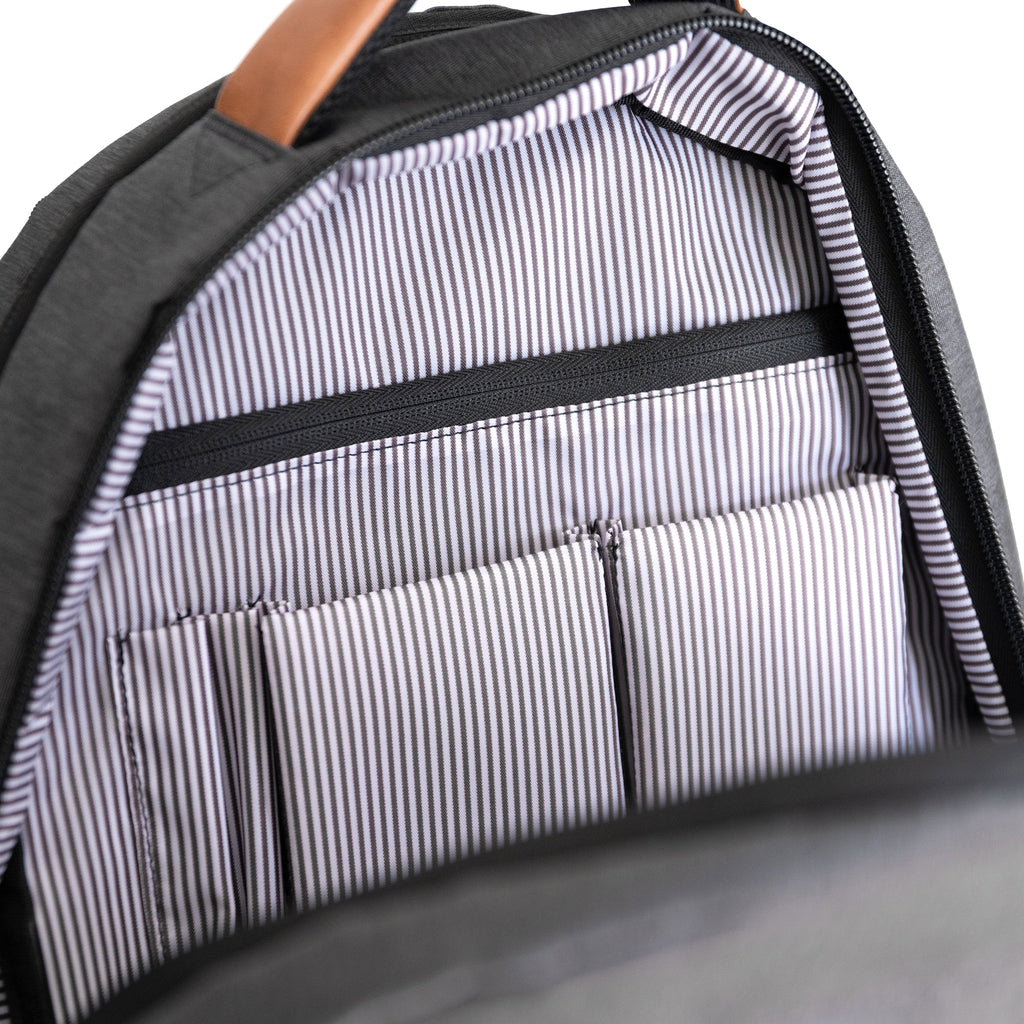 Durham Outpost recycled commuter backpack (dark grey) showing built in organization for office equipment