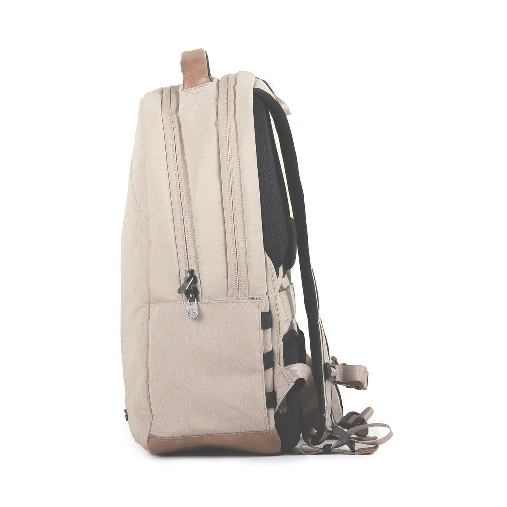 Durham Outpost recycled commuter backpack (ginger root) side view showing water bottle pocket