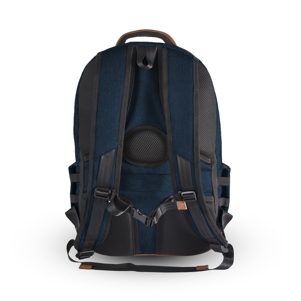 Durham Outpost recycled commuter backpack (navy) back view showing adjustable straps and breathable padding for comfort