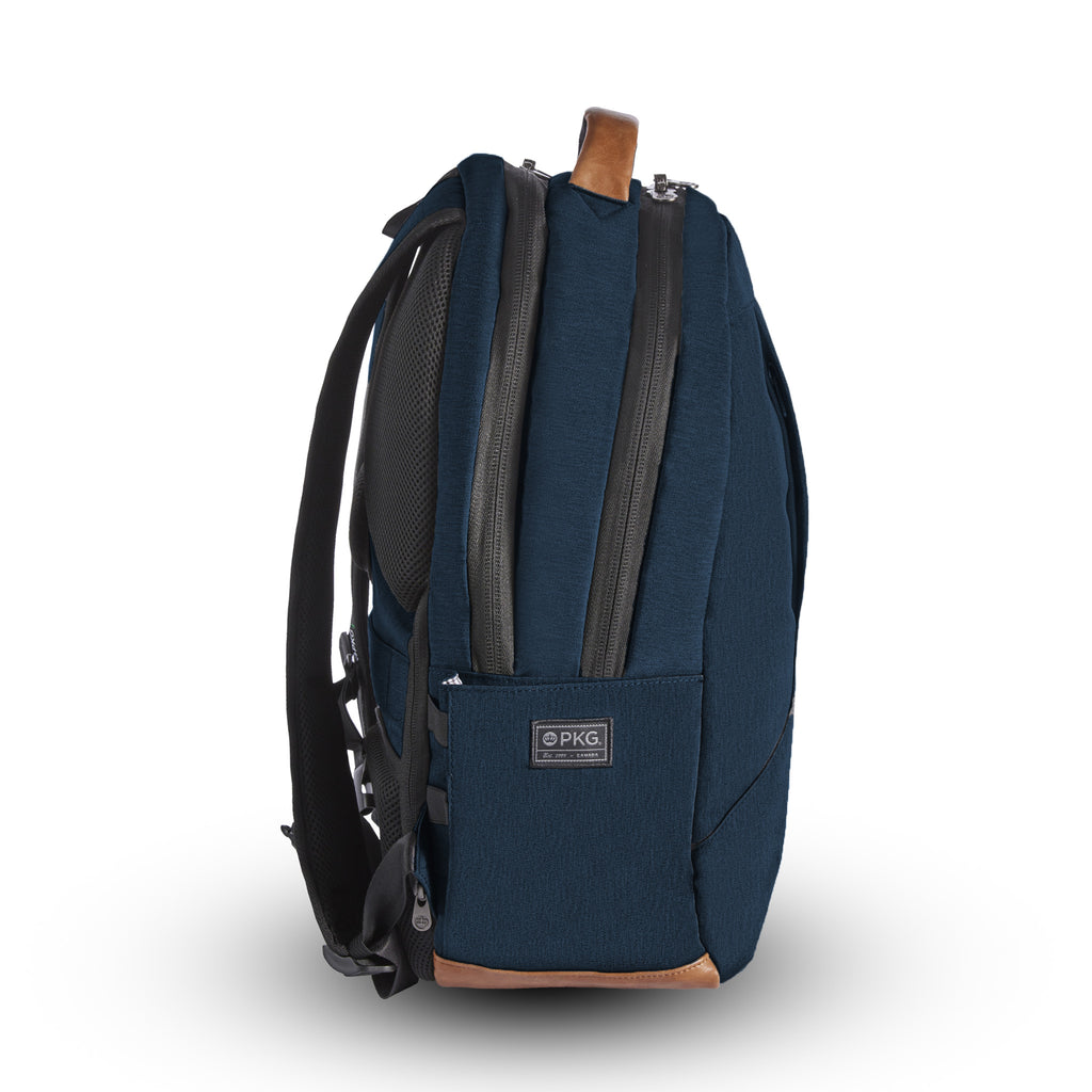 Durham Outpost recycled commuter backpack (navy) side view showing water bottle pocket