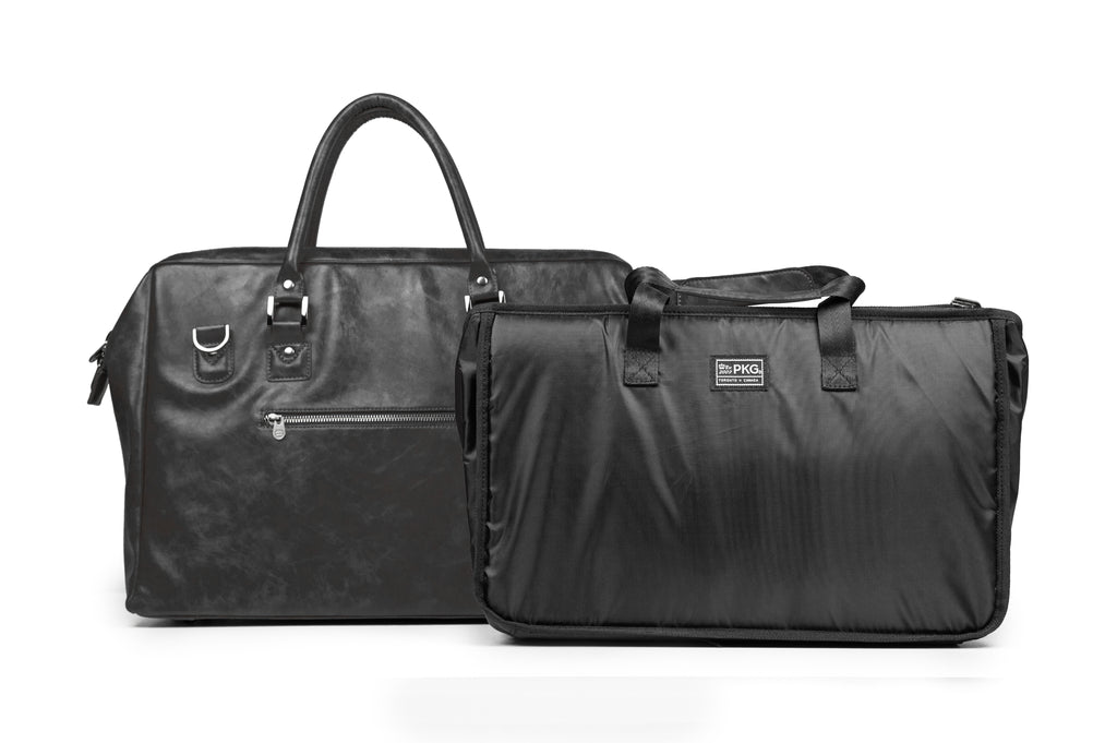 McGill 22.5L vegan leather, Doctor-Bag style messenger duffle, showing removable organization insert
