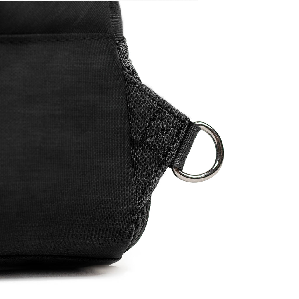 Elora Recycled Cross Body Bag (black) showing d-ring for attaching adjustable strap