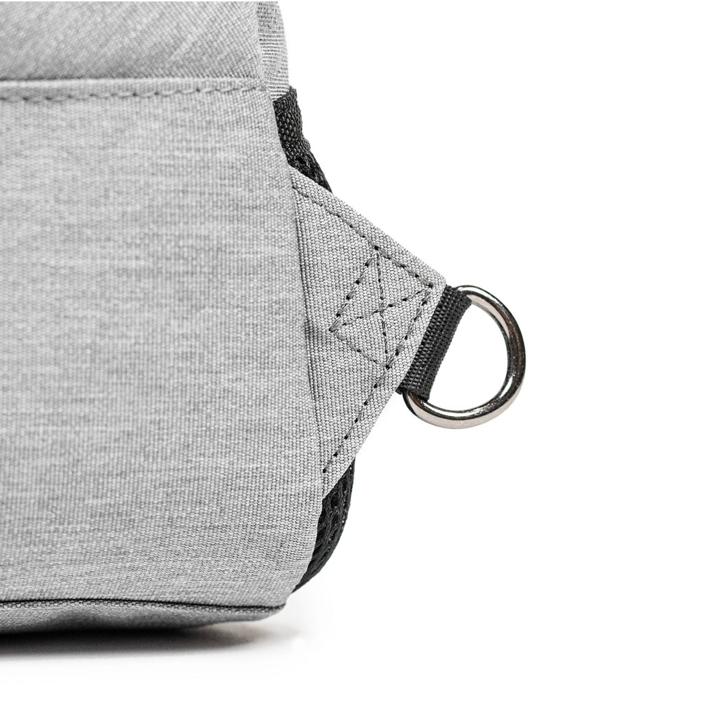 Elora Recycled Cross Body Bag (light grey) showing d-ring for attaching adjustable strap