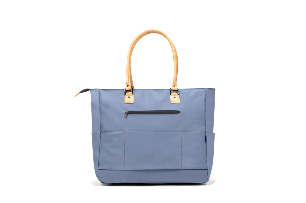 PKG Georgian 33L Recycled Tote Bag (vintage blue) front view showing trolley strap and external pocket