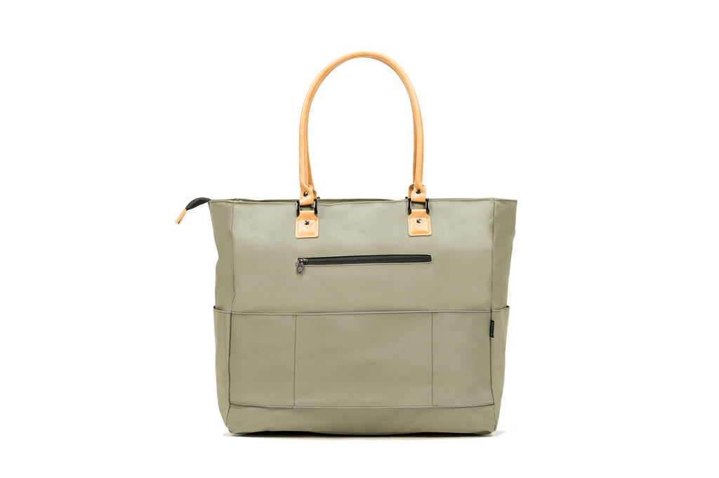 PKG Georgian 33L Recycled Tote Bag (tranquil green) front view with trolley strap and outer pocket