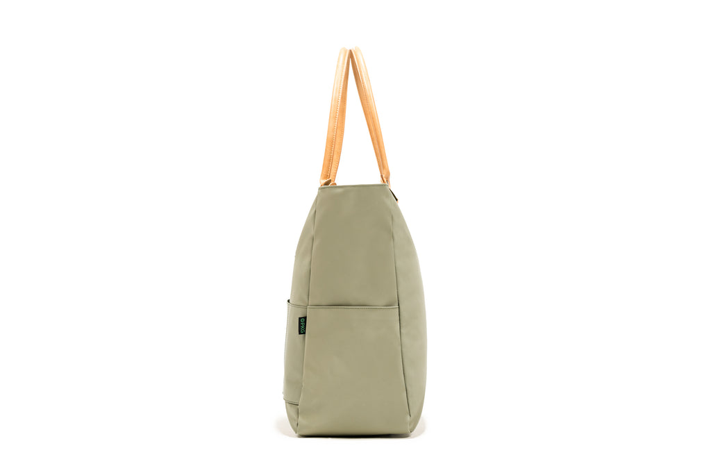 PKG Georgian 33L Recycled Tote Bag (tranquil green) side view showing water bottle pocket