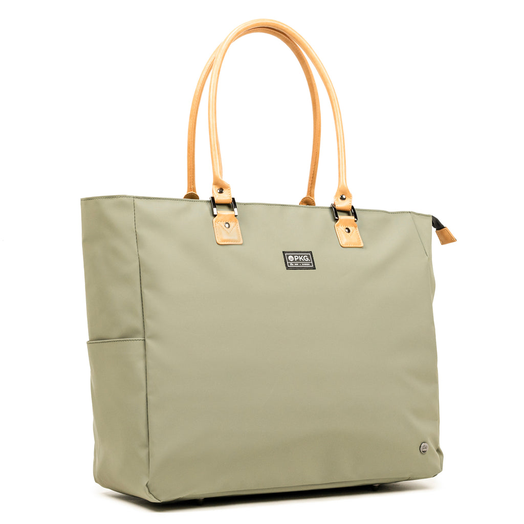 PKG Georgian 33L Recycled Tote Bag (tranquil green). Weather-resistant, padded base, metal feet, and faux leather accents, this tote ensures safety, durability, and style. Ideal for overnight trips, work, and more