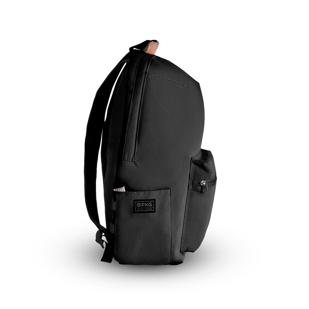 Granville recycled backpack (black) side view showing water bottle pocket