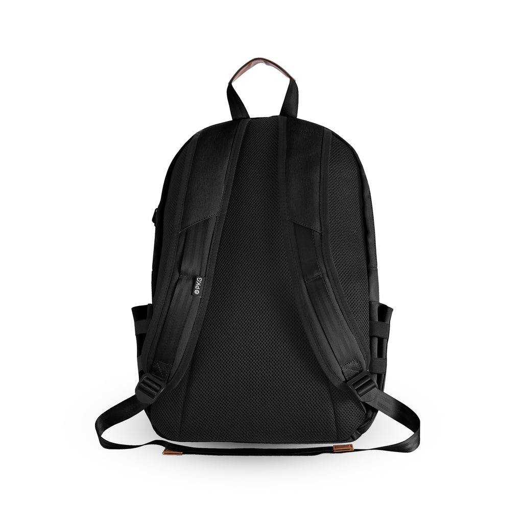 Granville recycled backpack (black) back view showing adjustable shoulder straps and padding for comfort