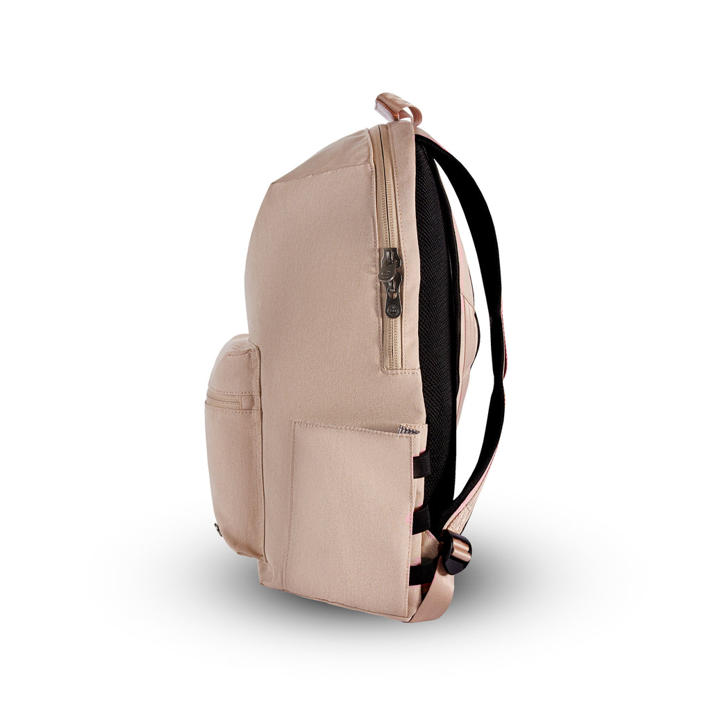 Granville recycled backpack (ginger root) side view showing water bottle pocket