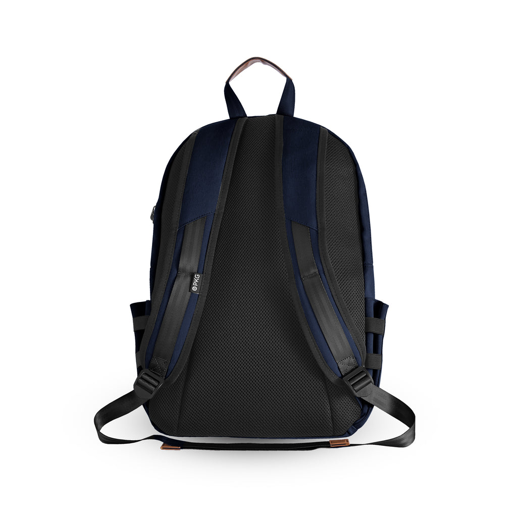 Granville recycled backpack (navy) back view showing adjustable shoulder straps and padding for comfort