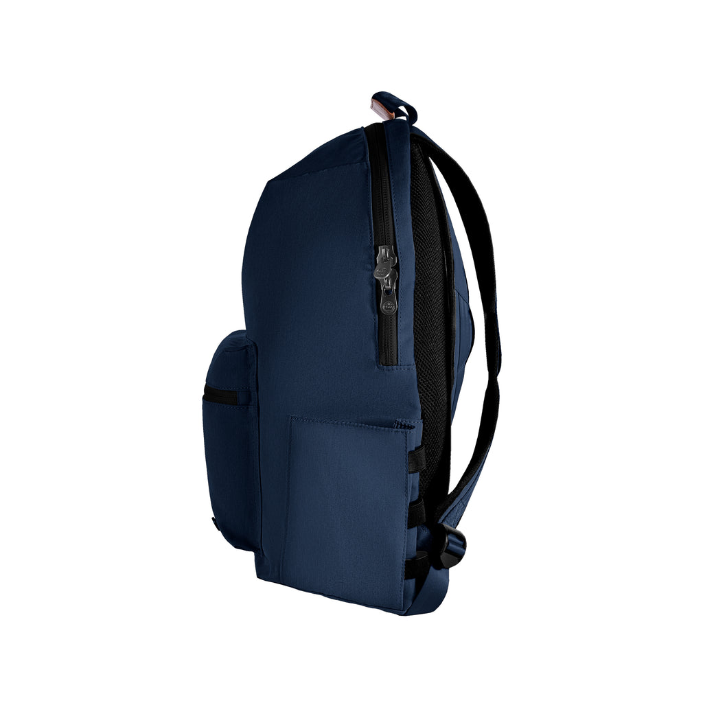 Granville recycled backpack (navy) side view showing water bottle pocket