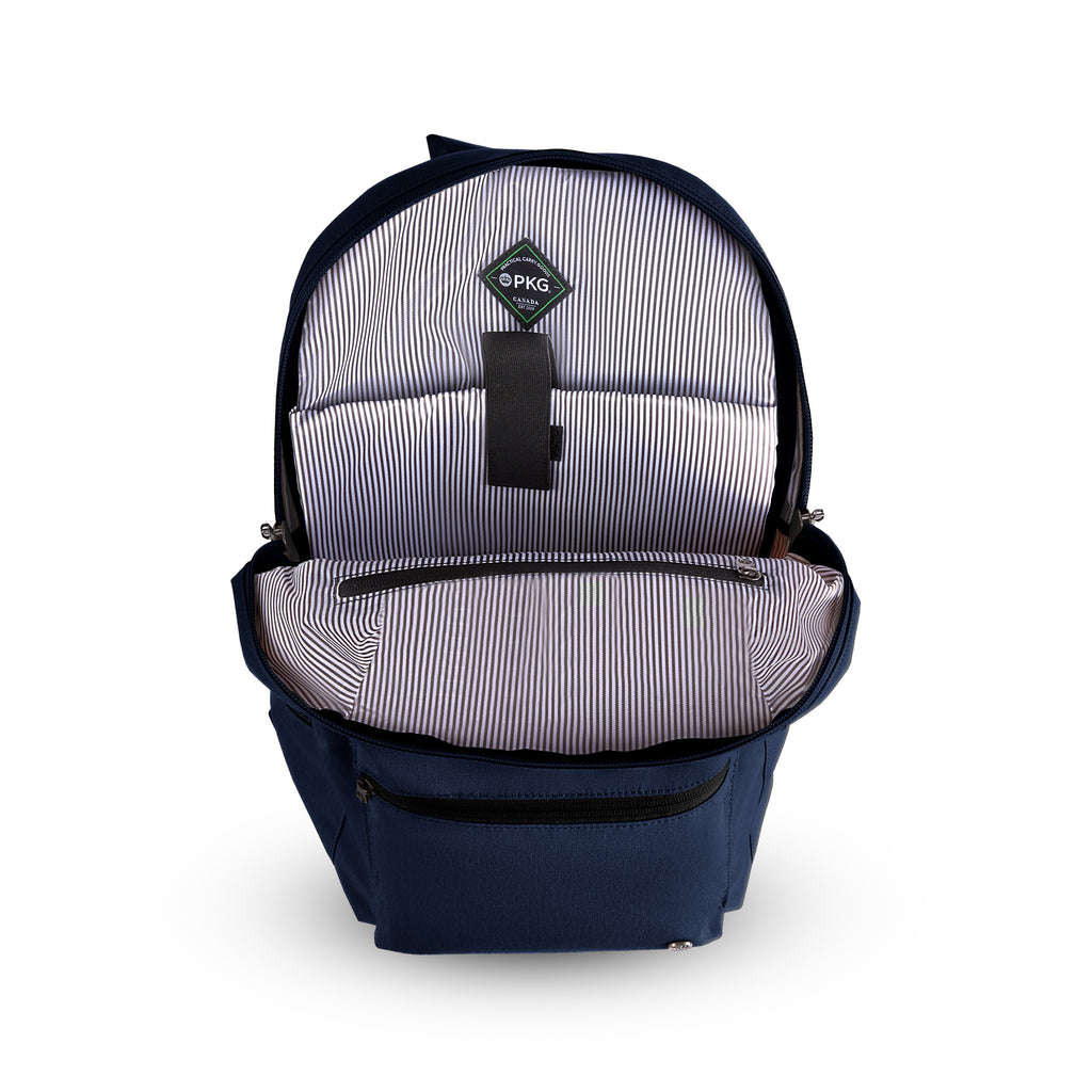 Granville recycled backpack (navy) open main compartment showing laptop pocket