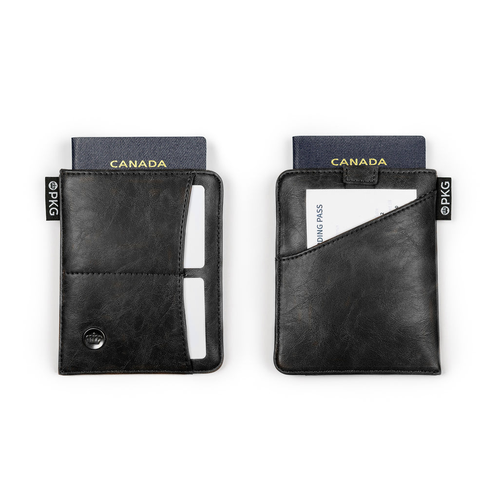 PKG Perry RFID Passport Wallet (black) front and back view
