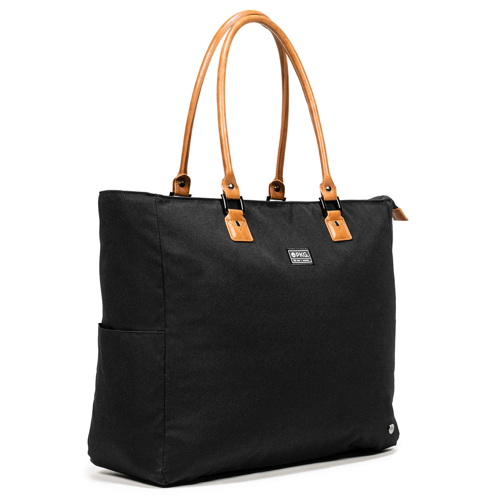PKG Georgian 33L Recycled Tote Bag (black). Weather-resistant, padded base, metal feet, and faux leather accents, this tote ensures safety, durability, and style. Ideal for overnight trips, work, and more