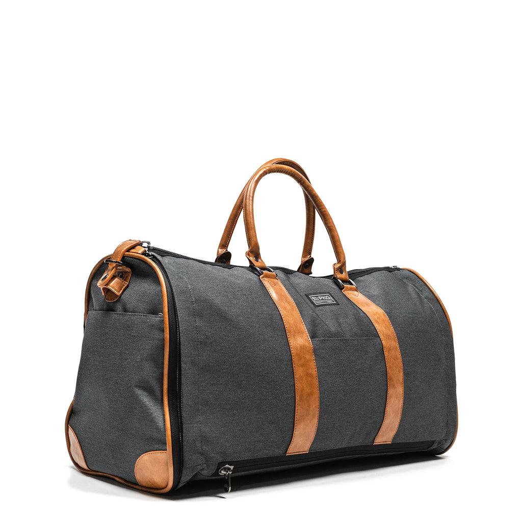 PKG Bishop 42L Recycled Duffle Bag (dark grey) – a versatile, weather-resistant travel companion for weekdays and weekend getaways. With dedicated shoe/laundry compartment, padded laptop storage, and integrated organization, stay organized on the go