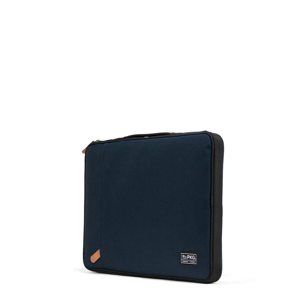 PKG Stuff Recycled Laptop Sleeve (navy) – ideal for 13" & 14" as well as 15" & 16" laptops. with extra storage for accessories or tablets. Stay organized and protected, whether carried alone or in a bag