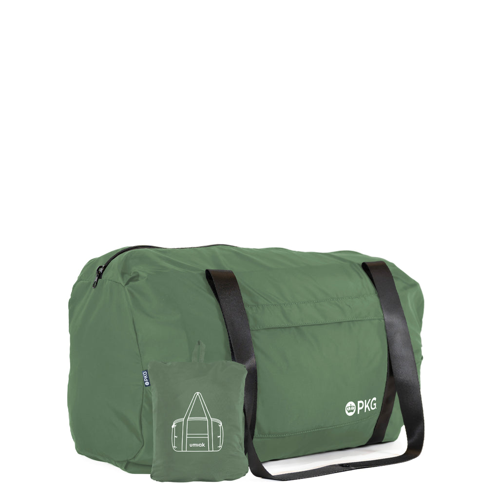 PKG umiak 31L Recycled Duffel (green), your eco-friendly everyday travel companion. Built with 100% recycled, water-resistant, and tear-resistant material. Antimicrobial, odor-resistant, and exceptionally durable with reinforced seams