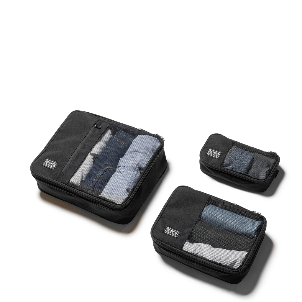 Maximize travel space with PKG Union Recycled Packing Cubes (3-pack) (black). Weather-resistant, eco-friendly design. Perfect for use with PKG backpacks, duffels, and totes. Intelligent packing for more efficient travel