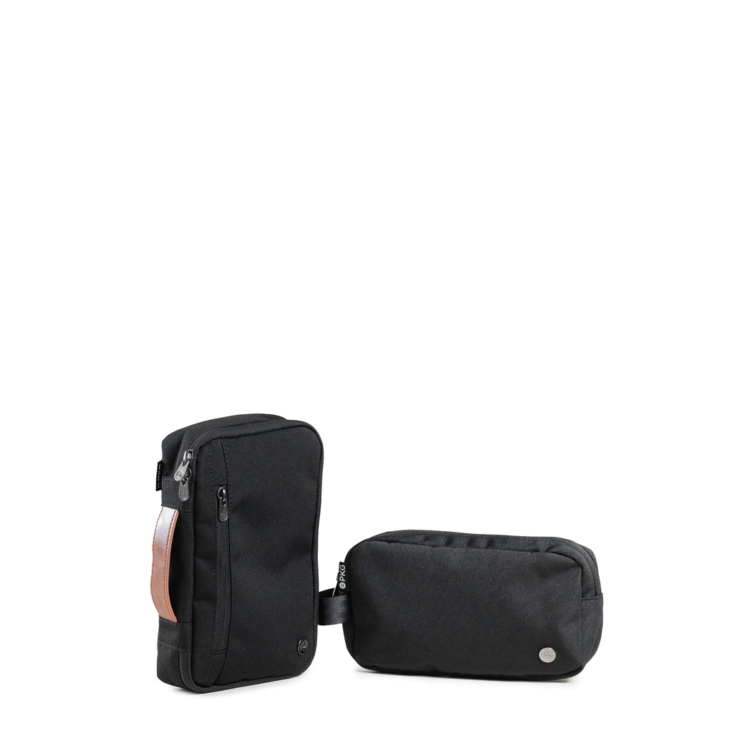 PKG Waterloo Recycled Accessory Cases (2-pack) (black). Perfect for tech, art, and makeup. Weather-resistant 600D recycled polyester, padded shell, and internal compartments