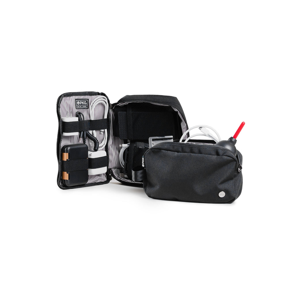 PKG Waterloo Recycled Accessory Cases (2-pack) (black) open, showing tech accessories/products organized into various compartments