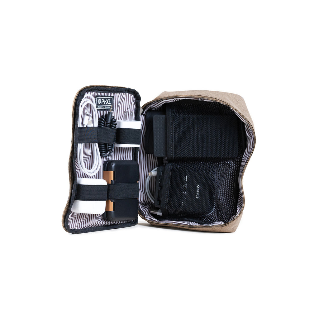 PKG Waterloo Recycled Accessory Cases (2-pack) (ginger root) open, showing tech accessories/products organized into various compartments