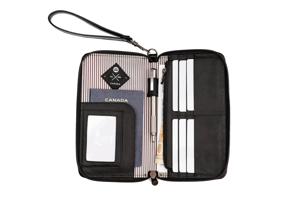 Victoria RFID Clutch Wallet (black) open, showing various compartments for cards, passport, pen, etc. stored inside