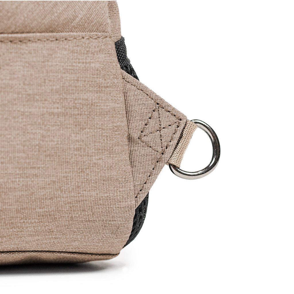 Elora Recycled Cross Body Bag (ginger root) showing d-ring for attaching adjustable strap