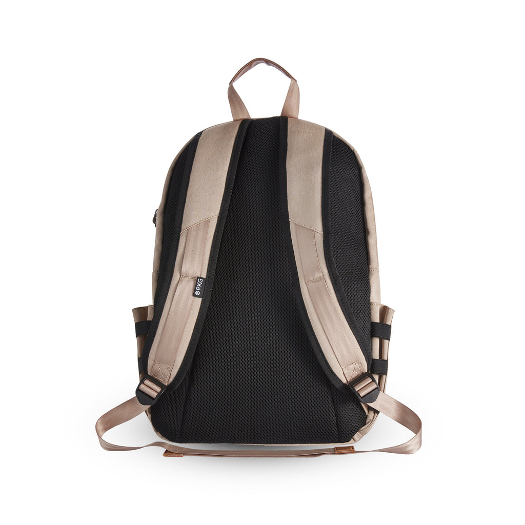 Granville recycled backpack (ginger root) back view showing adjustable shoulder straps and padding for comfort