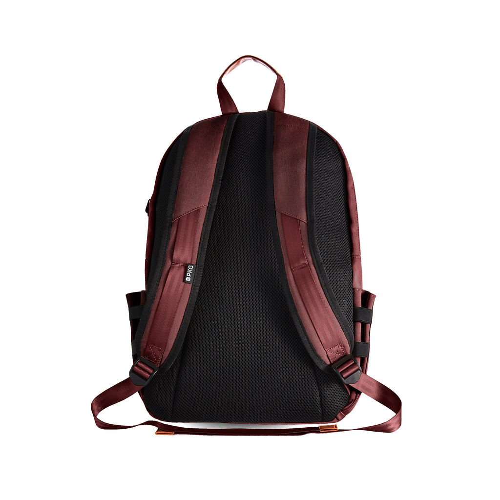 Granville recycled backpack (rum raisin) back view showing adjustable shoulder straps and padding for comfort