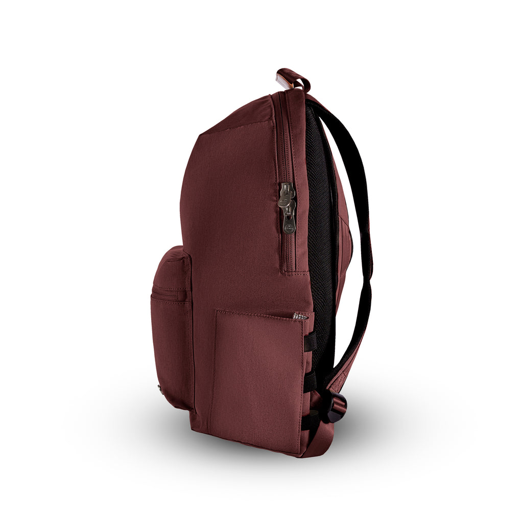 Granville recycled backpack (rum raisin) side view showing water bottle pocket