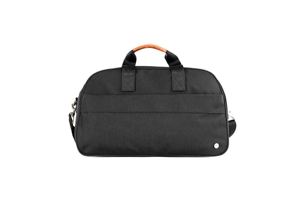 PKG Westmount 26L Recycled Duffle Bag (black) back view showing external pocket